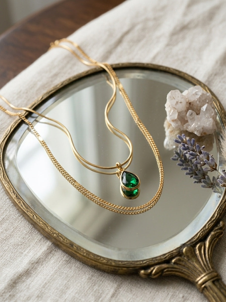 Green Teardrop Layered Necklace