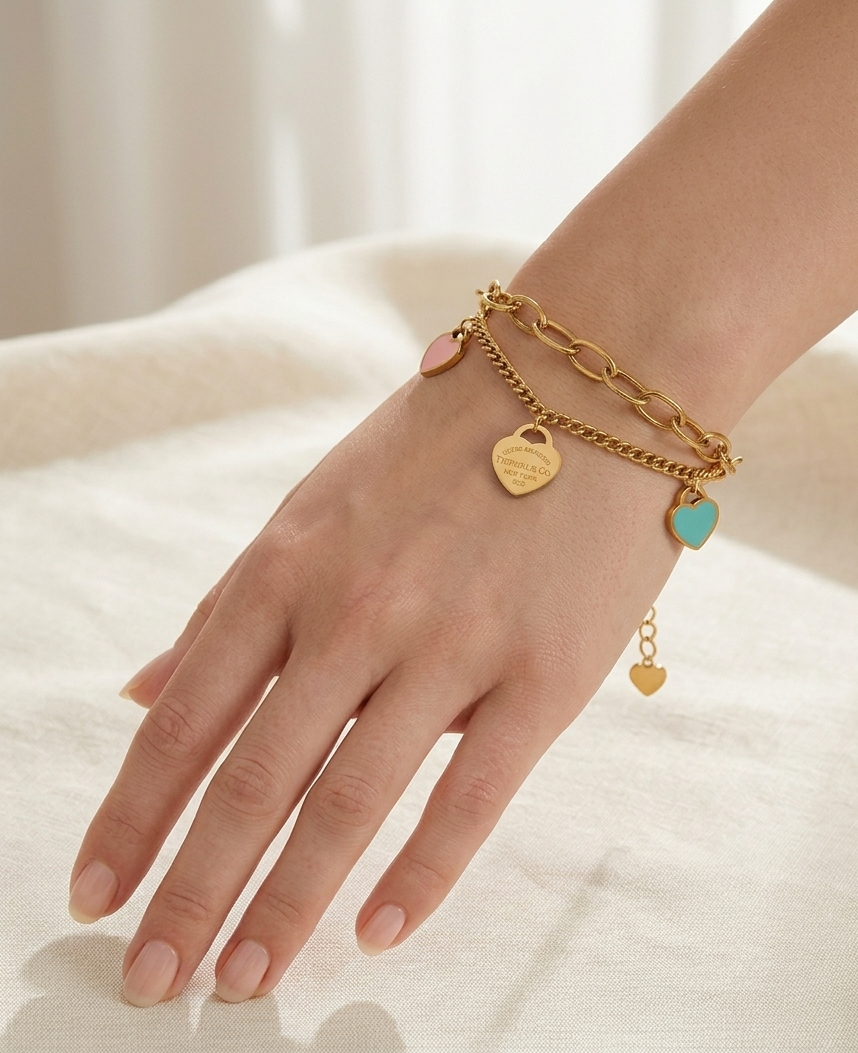 Multicolor Heart Layered Double chain Bracelet