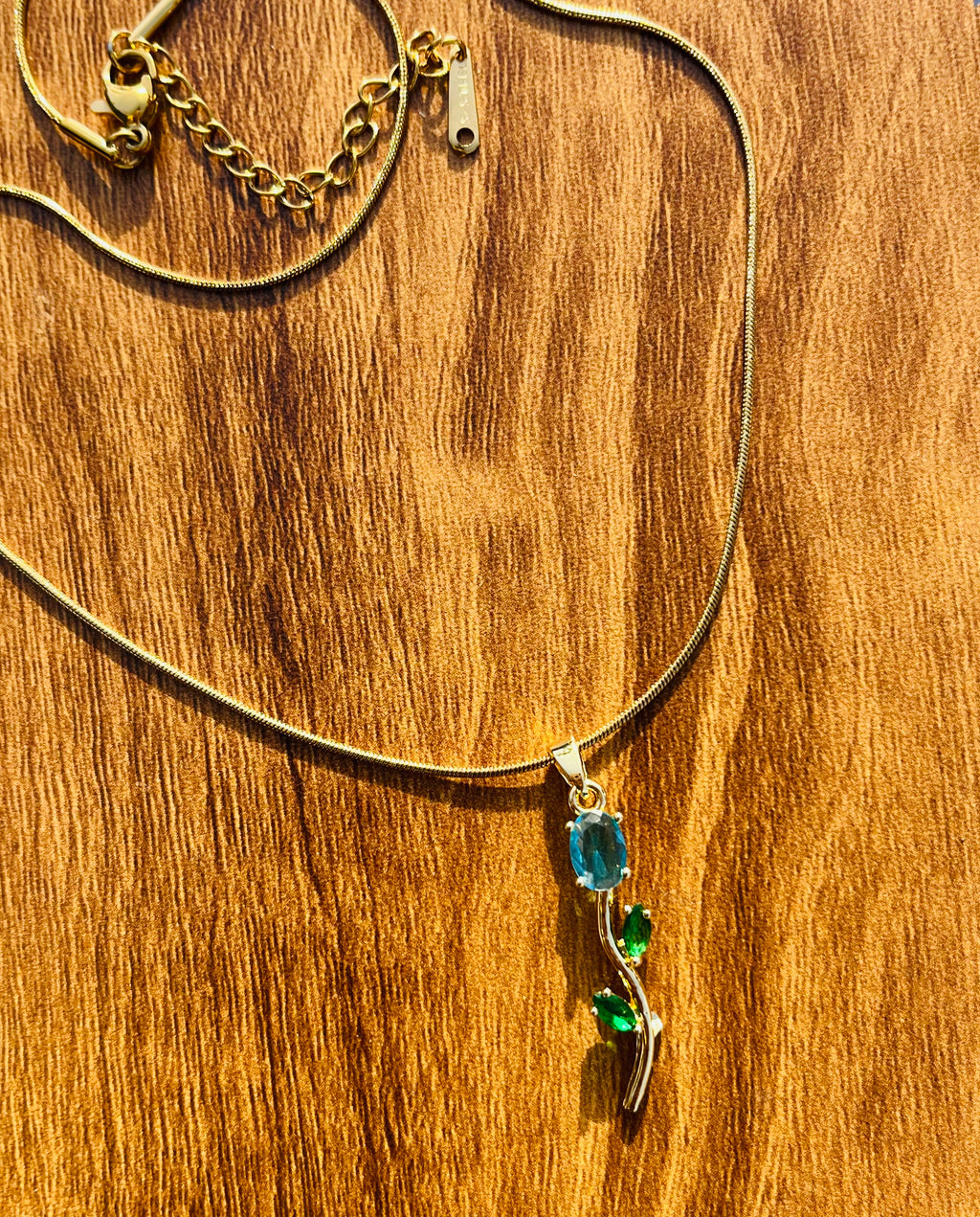 Blue Crystal tulip Pendant with Emerald Green Leaves - Gold Plated