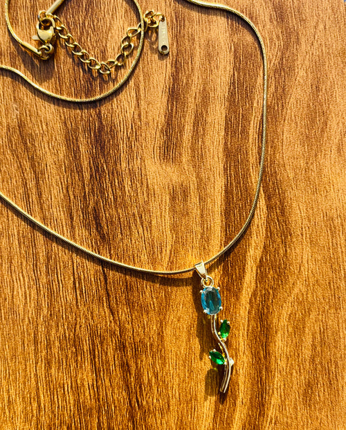 Blue Crystal tulip Pendant with Emerald Green Leaves - Gold Plated