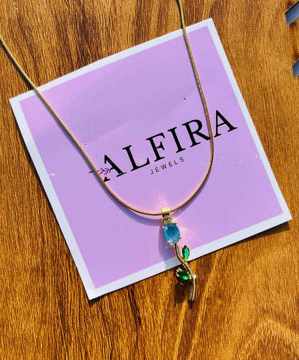Blue Crystal tulip Pendant with Emerald Green Leaves - Gold Plated