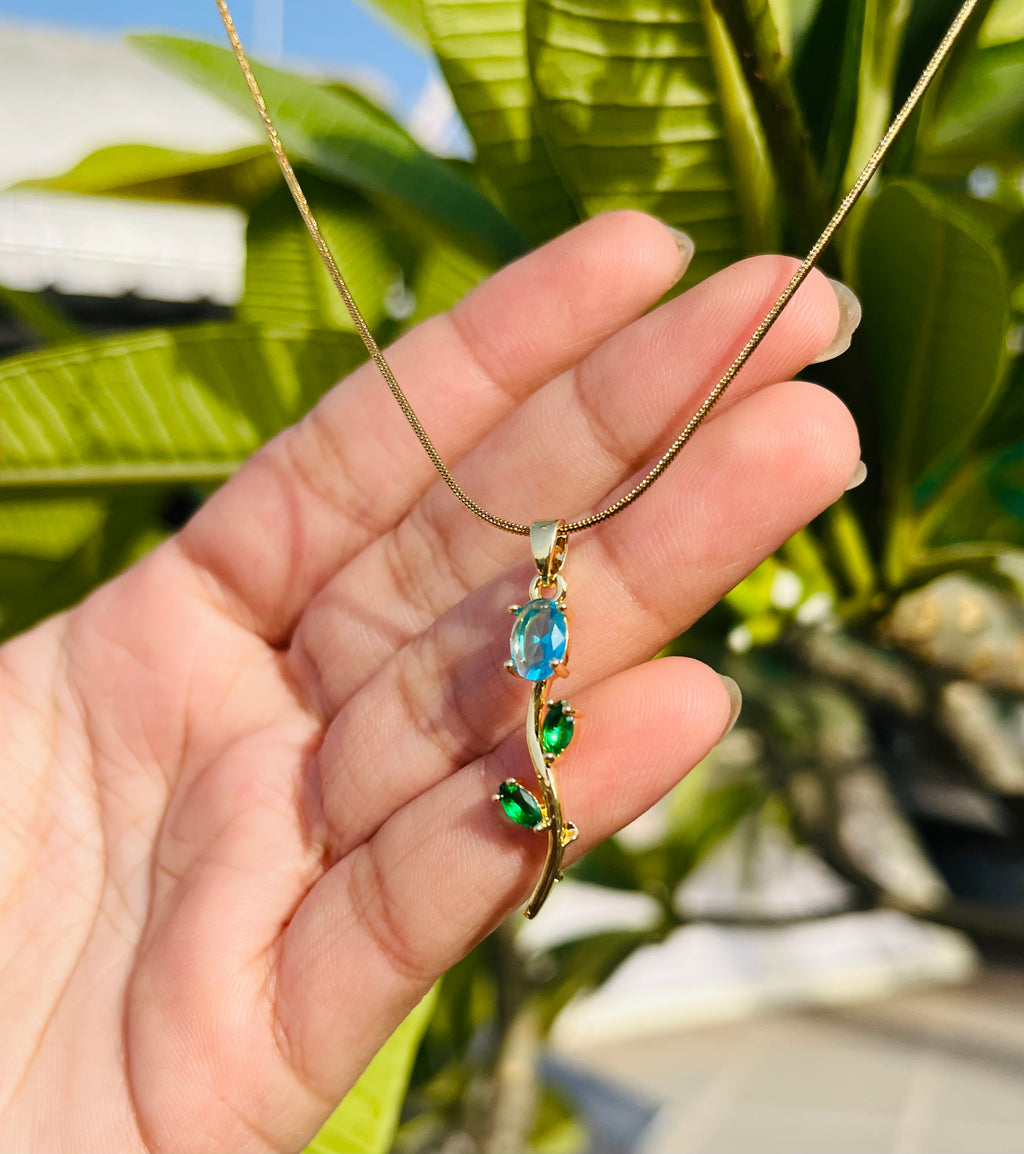Blue Crystal tulip Pendant with Emerald Green Leaves - Gold Plated