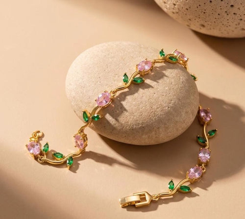 Blush Pink with Green leaves tulip bracelet
