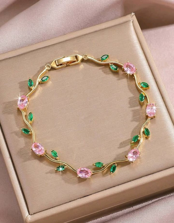 Blush Pink with Green leaves tulip bracelet