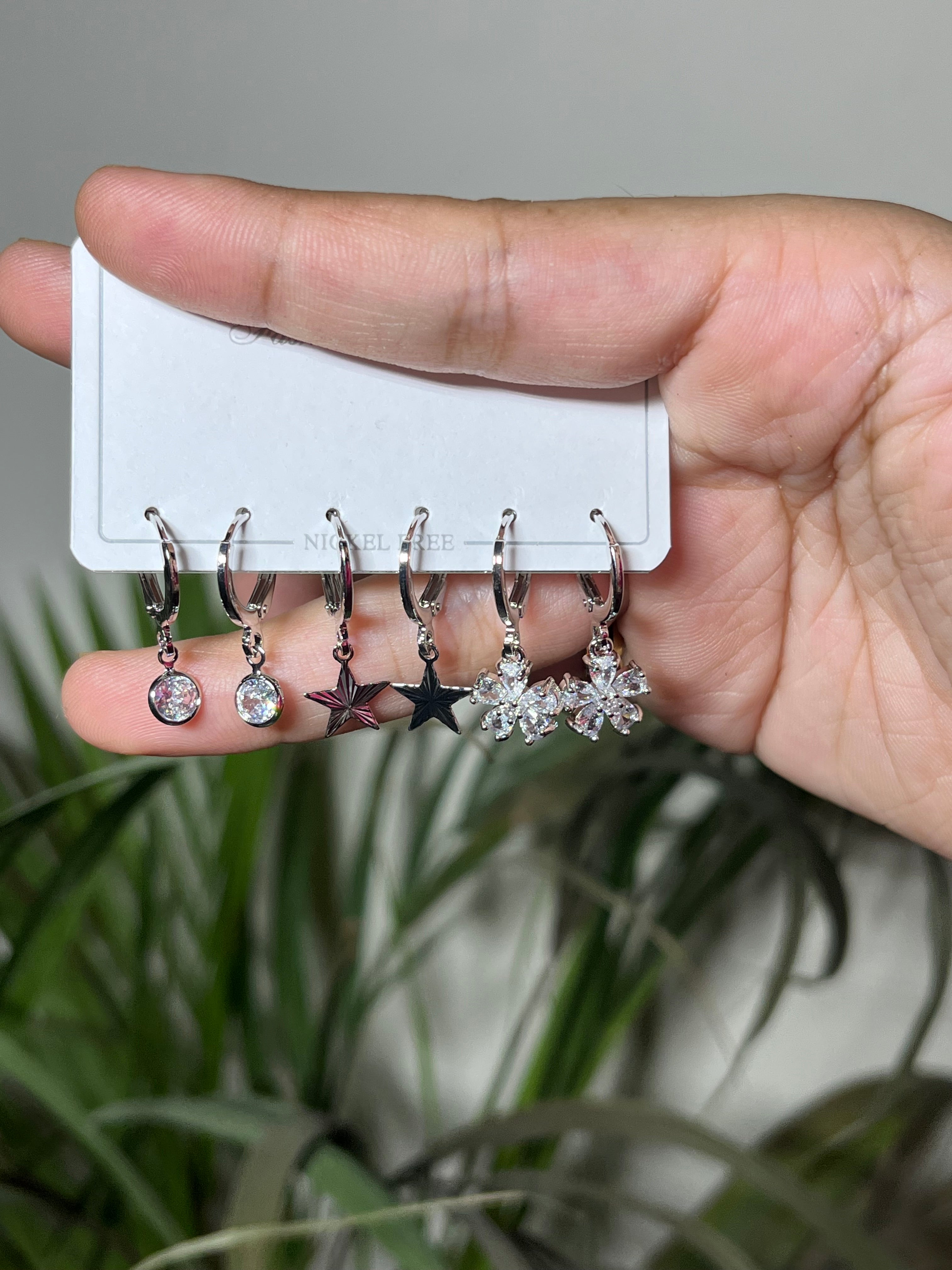 3 Pair Charm Hoop Silver Earrings Set