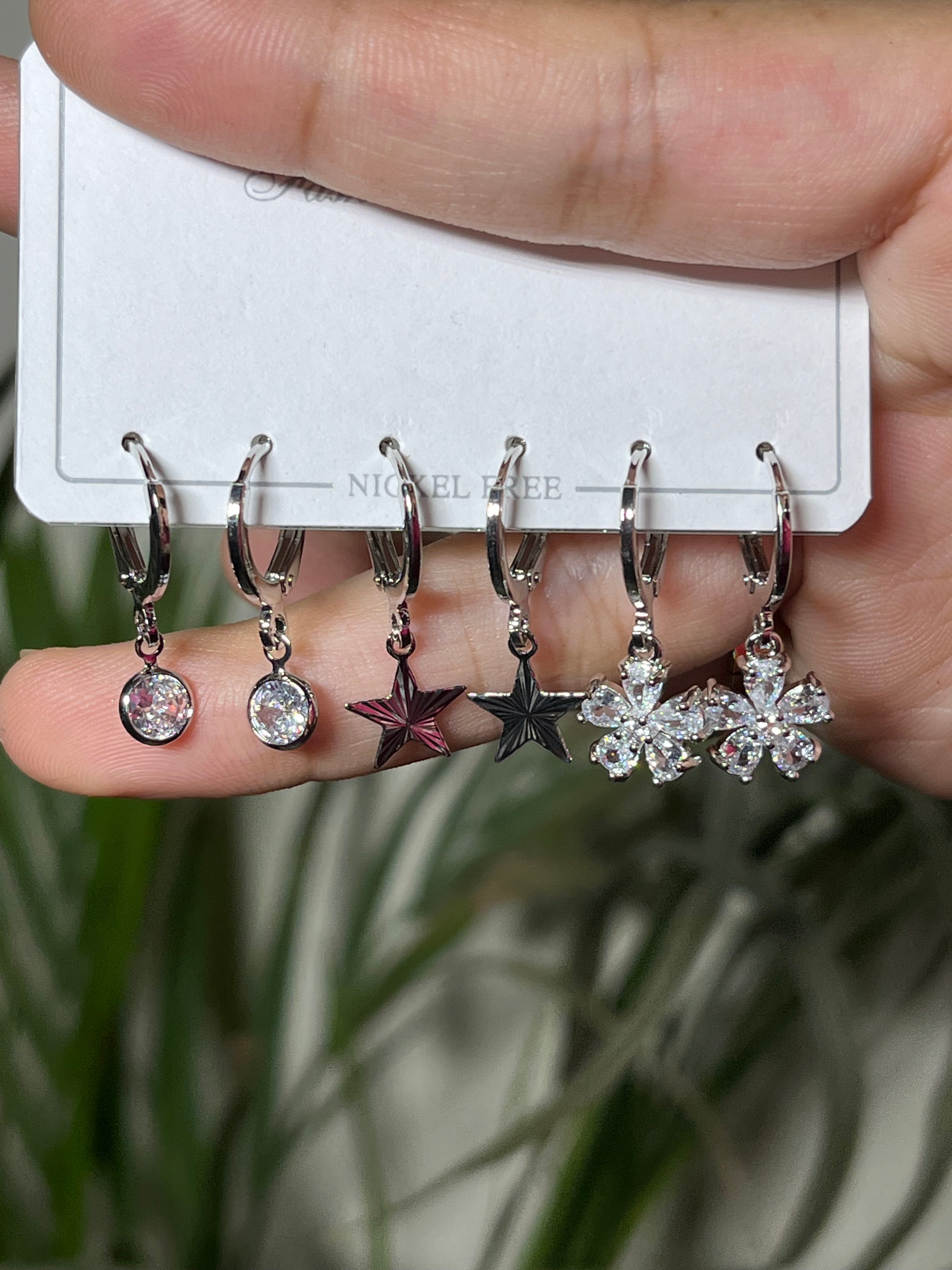 3 Pair Charm Hoop Silver Earrings Set
