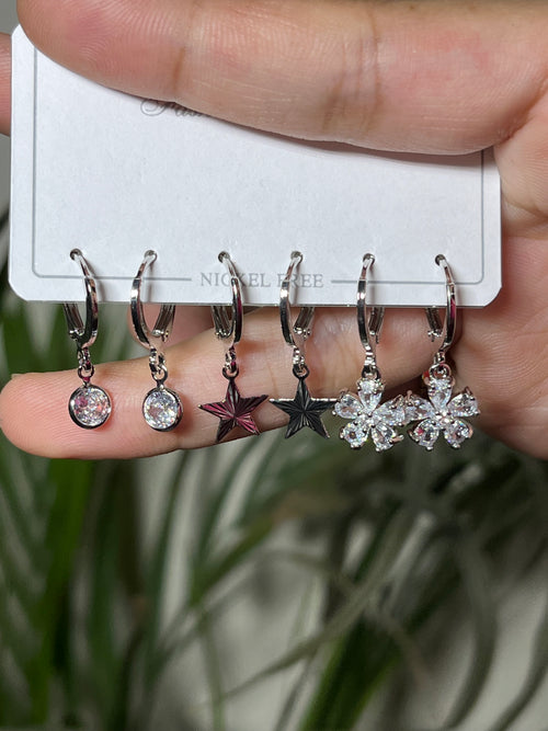 3 Pair Charm Hoop Silver Earrings Set