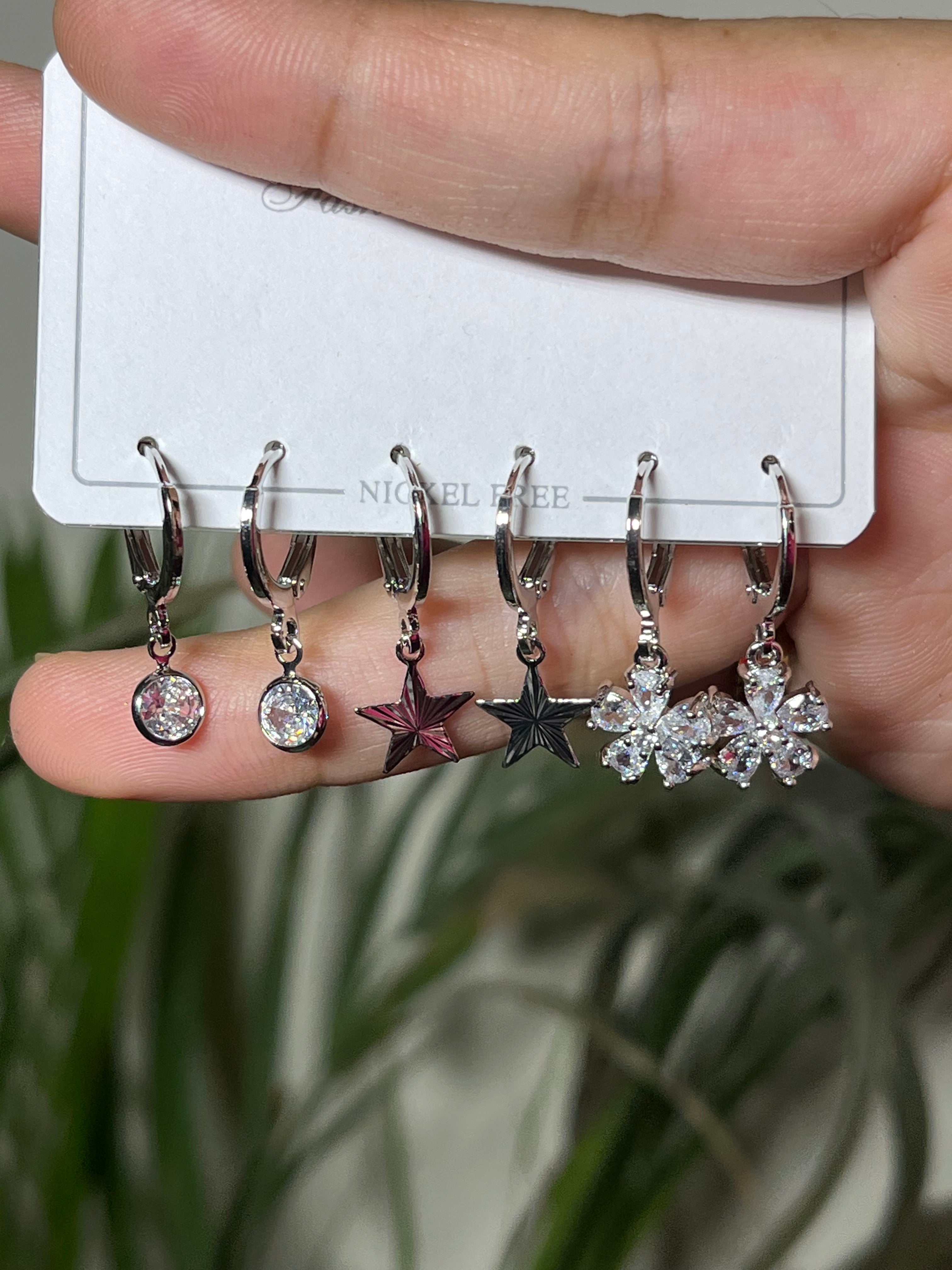 3 Pair Charm Hoop Silver Earrings Set