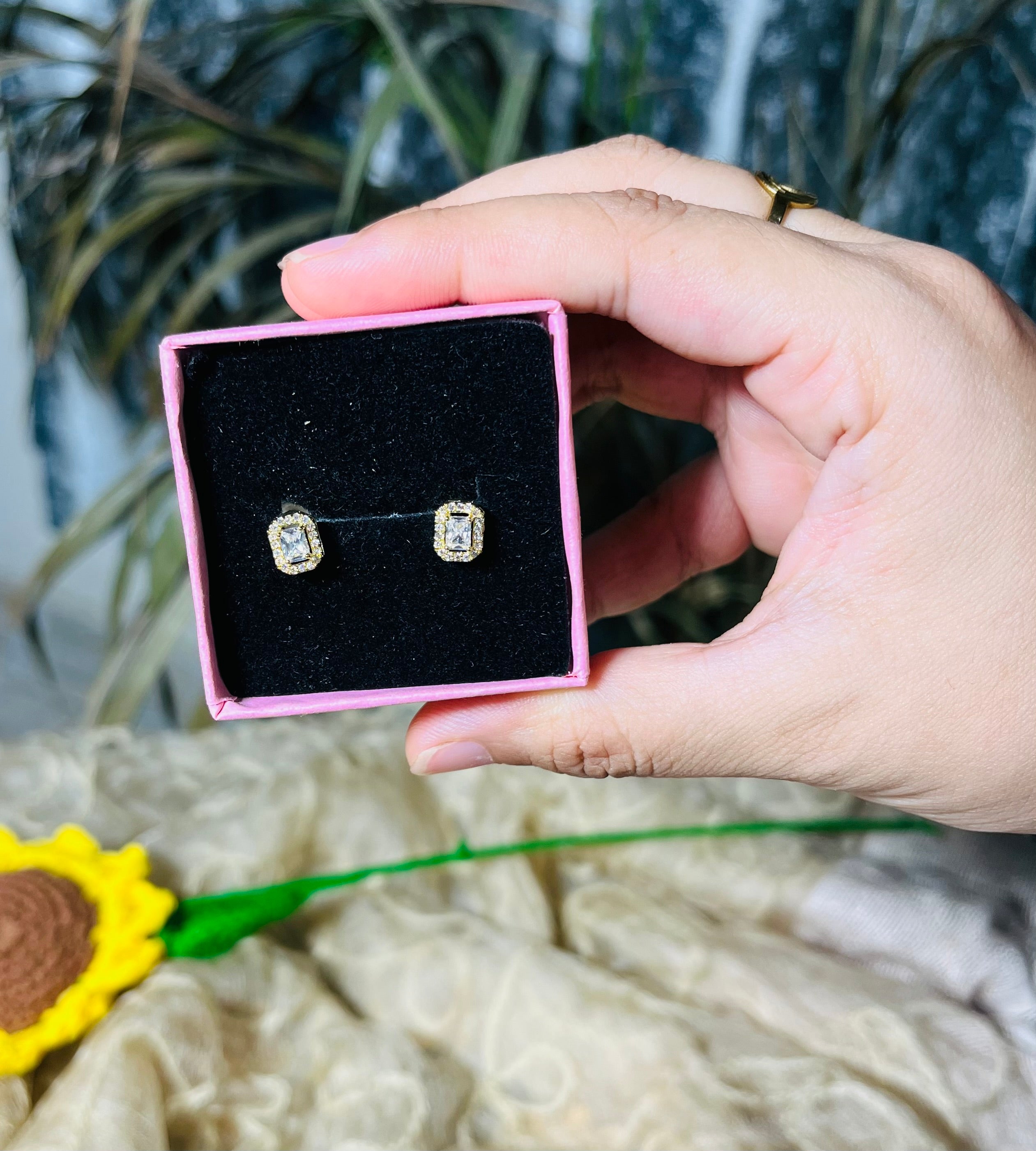Emerald Cut Crystal Stud Earrings