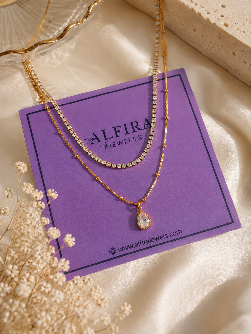 Double Layer Tennis Necklace with Teardrop Pendant