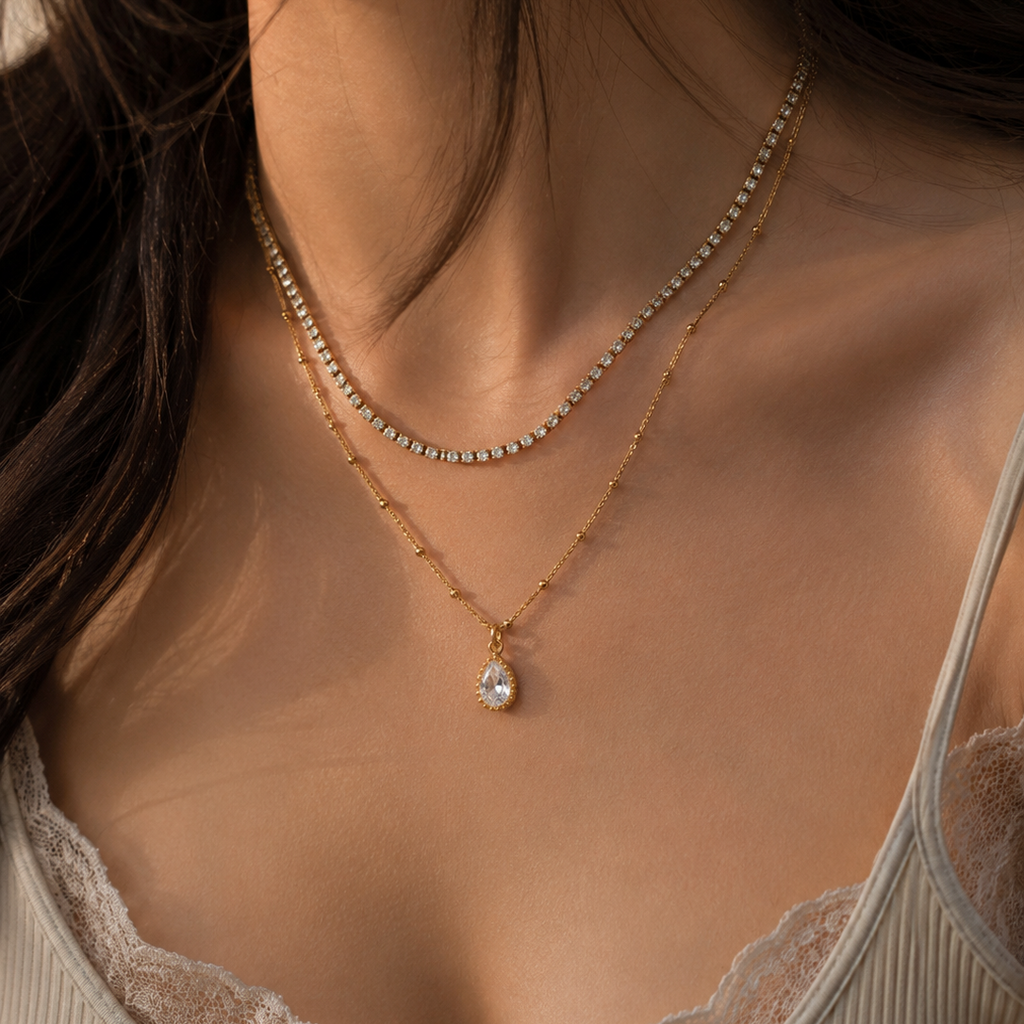 Double Layer Tennis Necklace with Teardrop Pendant