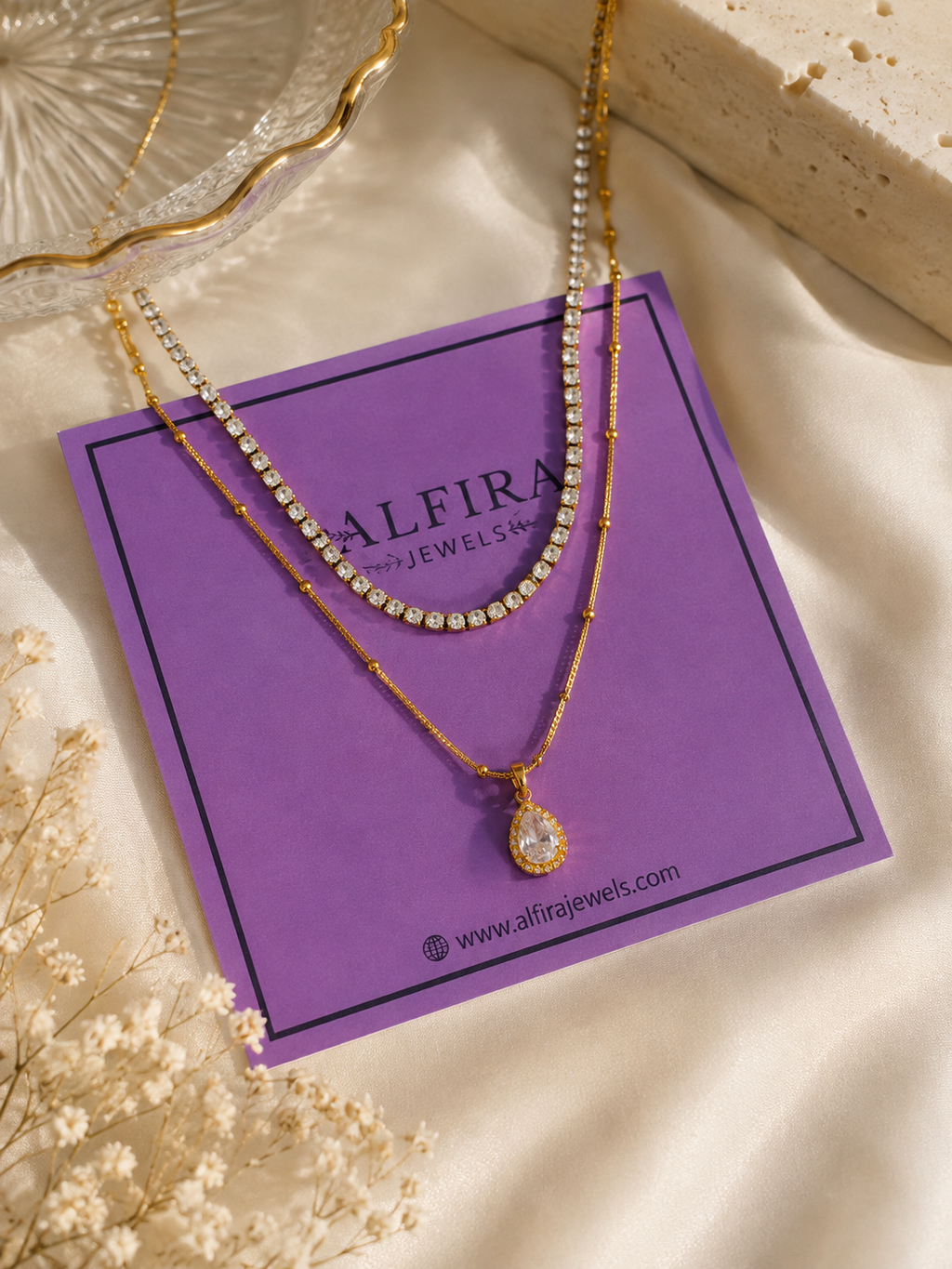 Double Layer Tennis Necklace with Teardrop Pendant