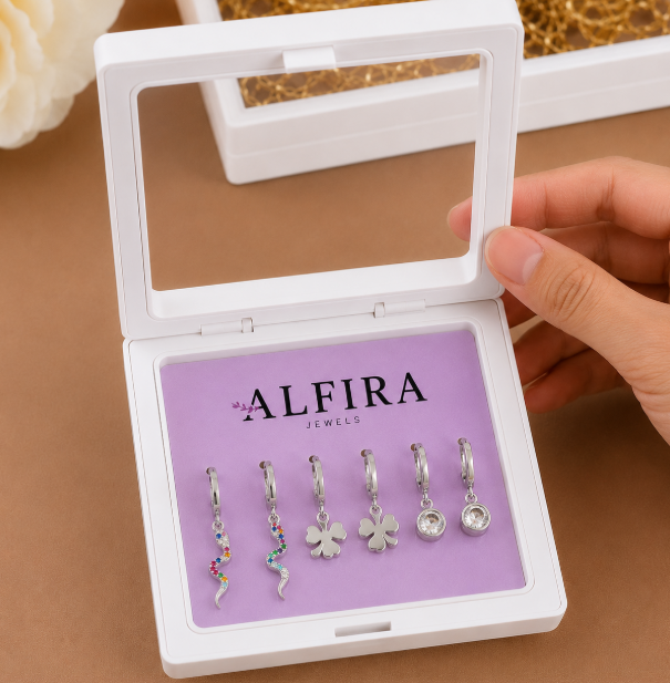 Silver Charm Hoop Earrings Set with Crystal Drops