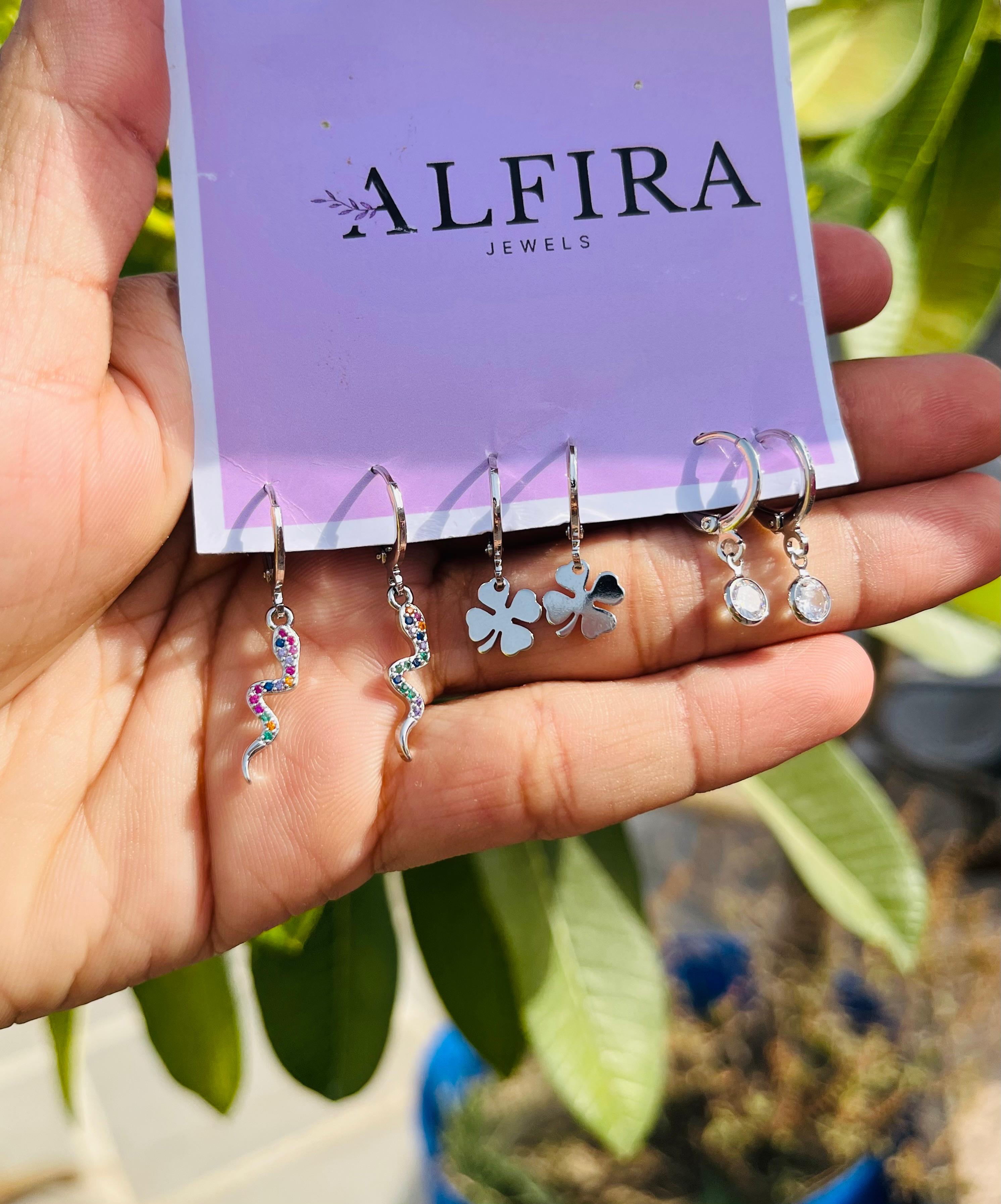 Silver Charm Hoop Earrings Set with Crystal Drops