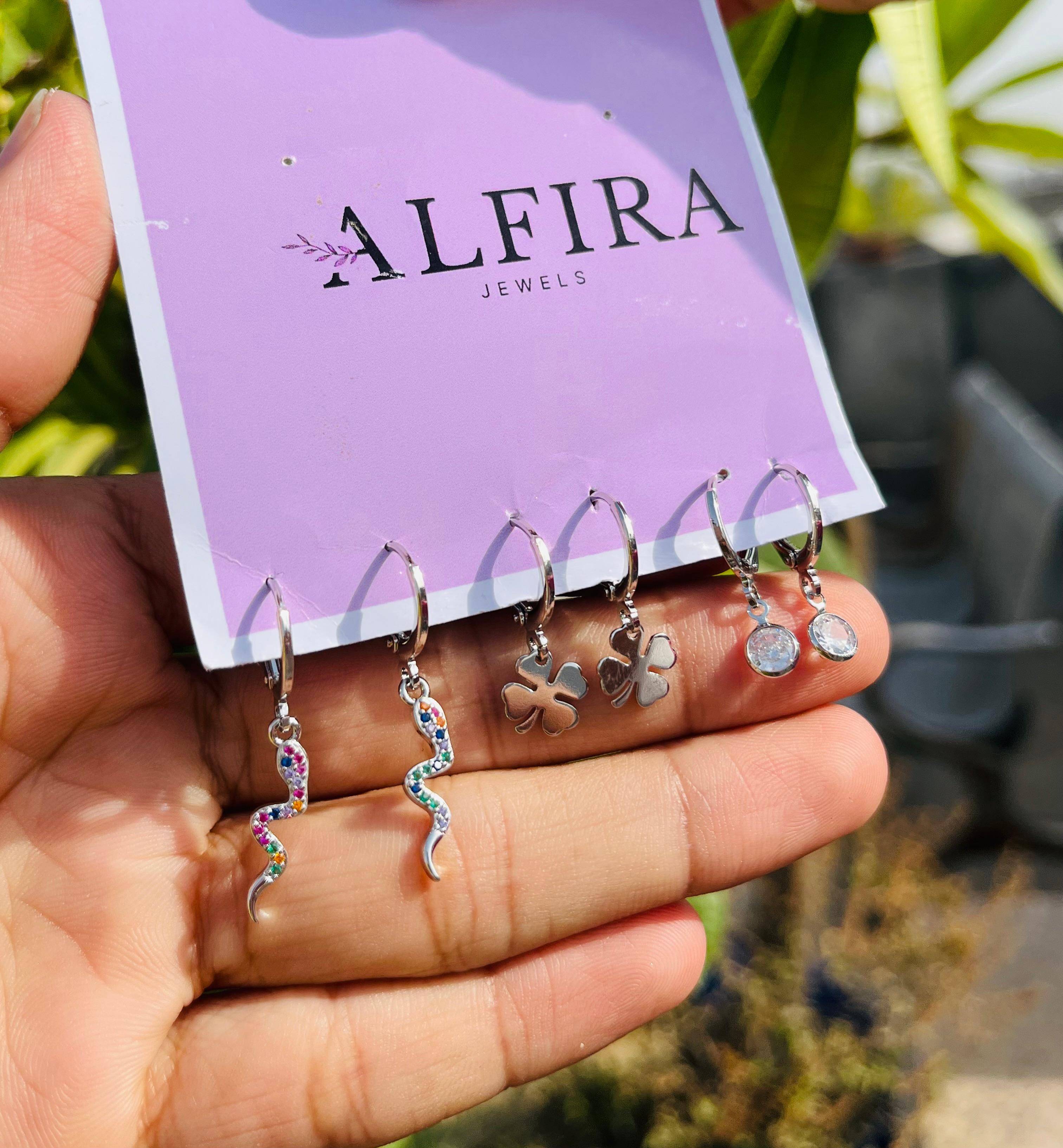 Silver Charm Hoop Earrings Set with Crystal Drops