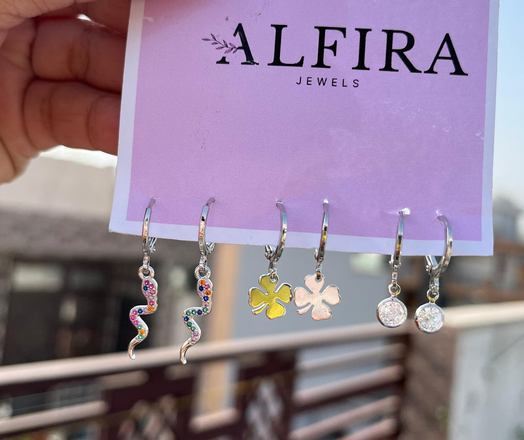 Silver Charm Hoop Earrings Set with Crystal Drops