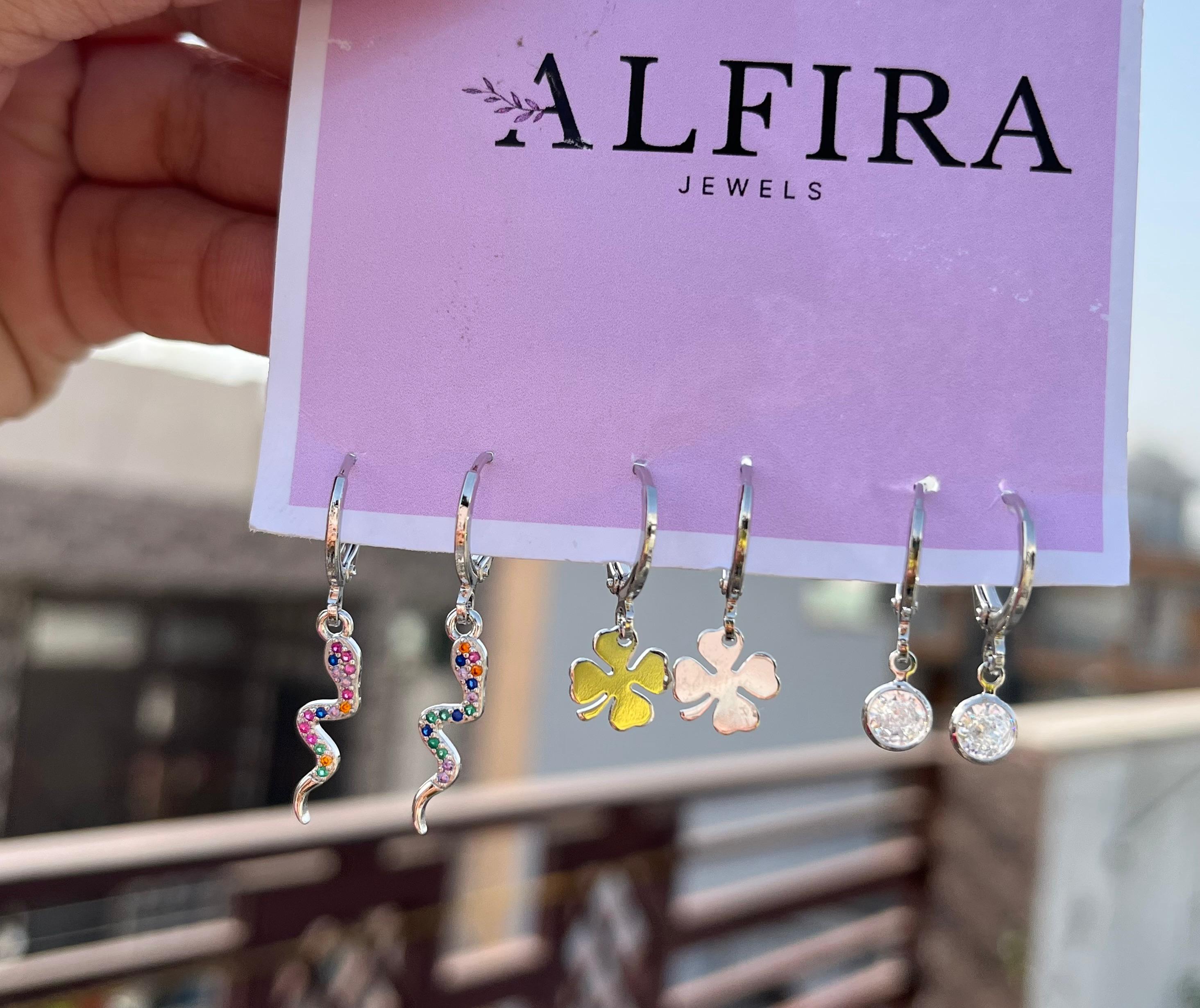 Silver Charm Hoop Earrings Set with Crystal Drops