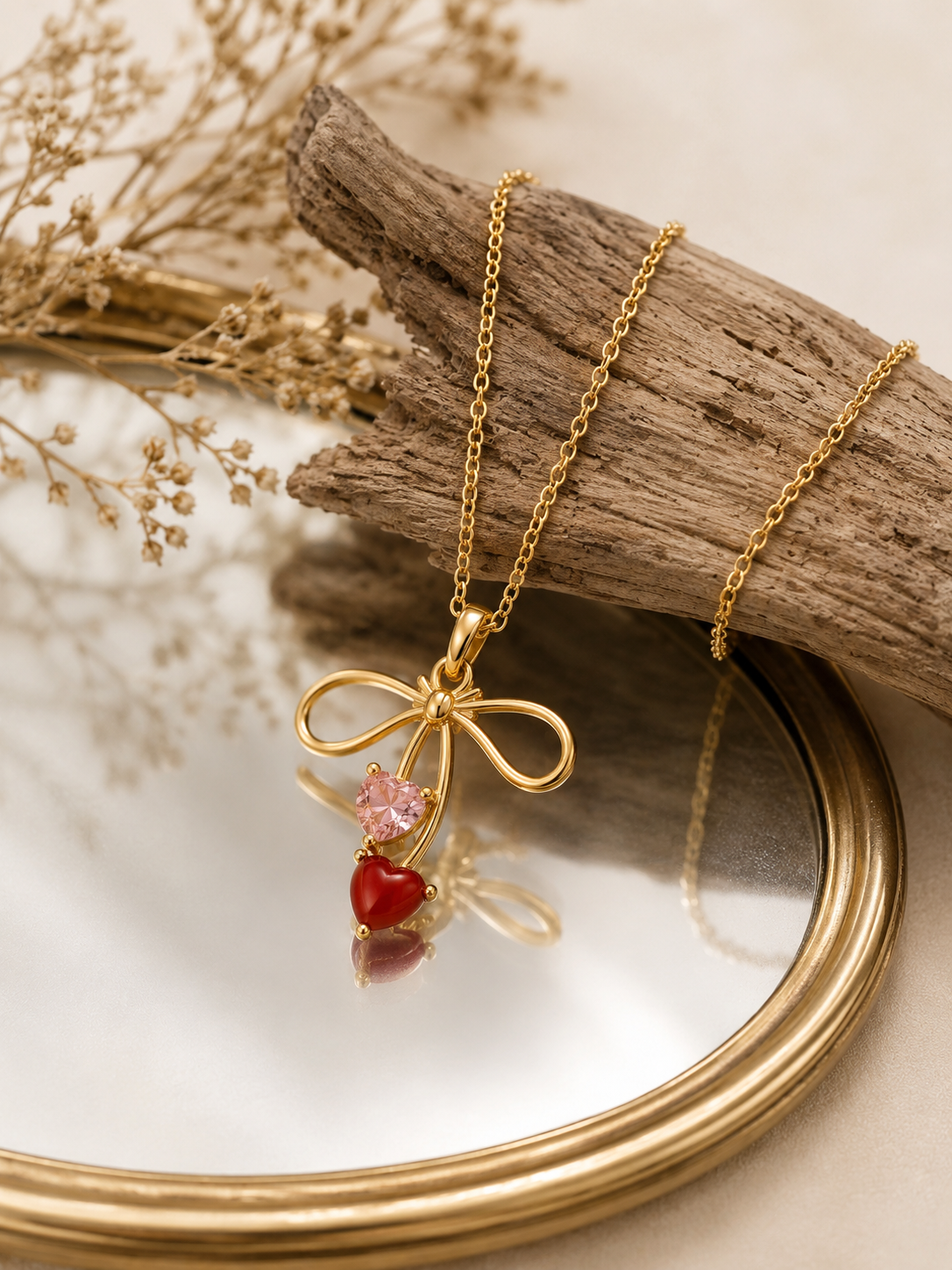 Elegant Bow & Heart Crystal Pendant Necklace