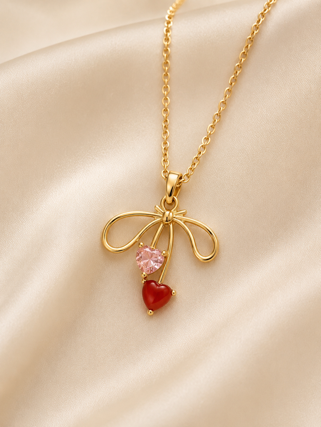 Elegant Bow & Heart Crystal Pendant Necklace